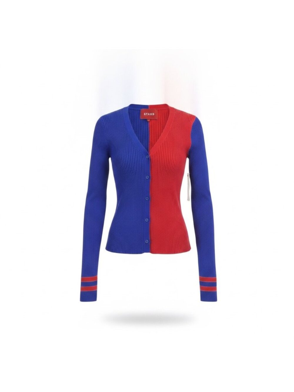 Staud Womens Blue & Red Ribbed Knit Cardigan NFL Team V-Neck Long Sleeves Sz XL